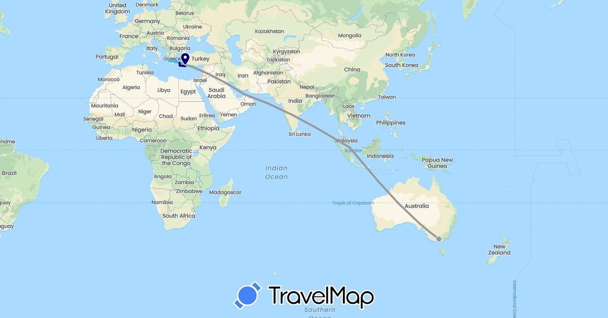 TravelMap itinerary: driving, plane, boat in United Arab Emirates, Australia, Greece, Singapore (Asia, Europe, Oceania)
